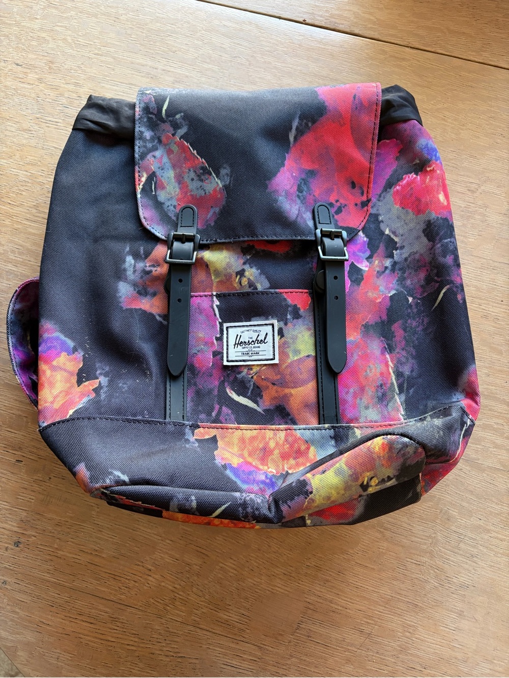 Herschel Supply Company Black Floral Print Backpack with Pink and Orange Accents